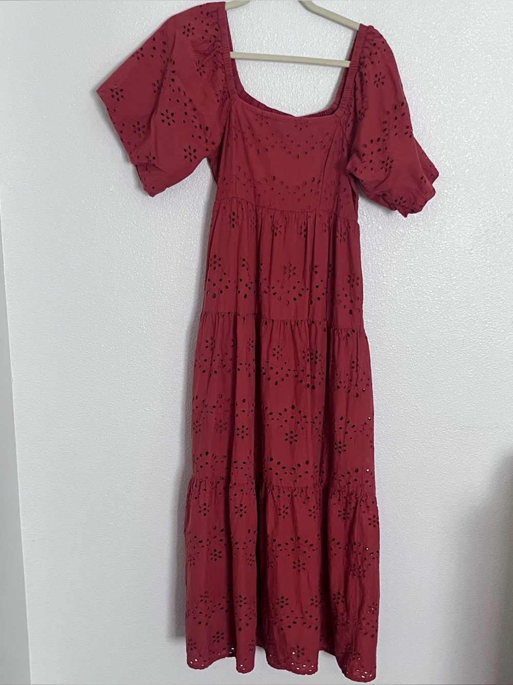 100% Cotton Eyelet Puff Balloon Sleeve Maxi Dress Rust Large